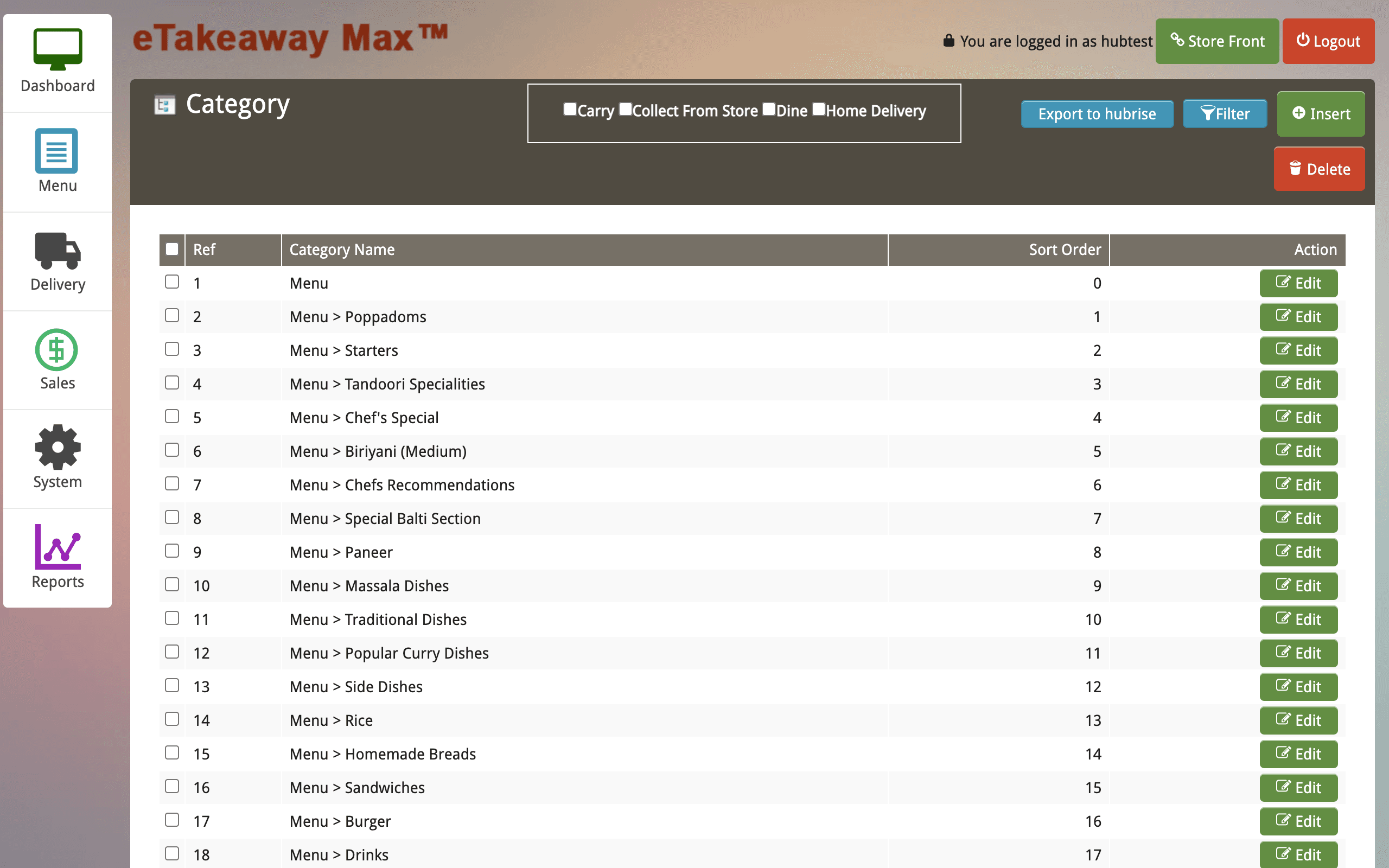 eTakeaway Max categories page for store managers