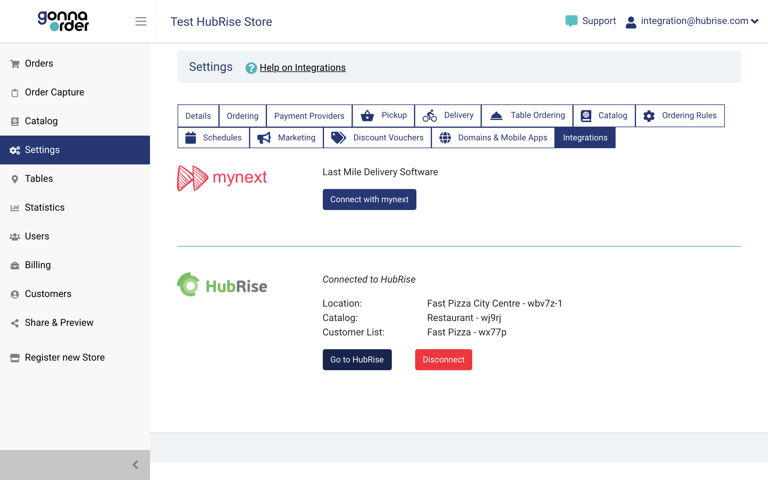 Review the details of your HubRise connection with GonnaOrder