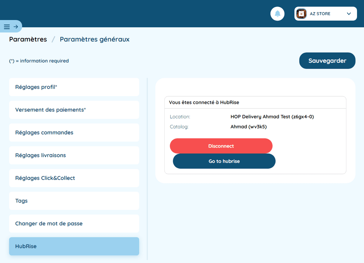 Connexion HubRise - Connecté