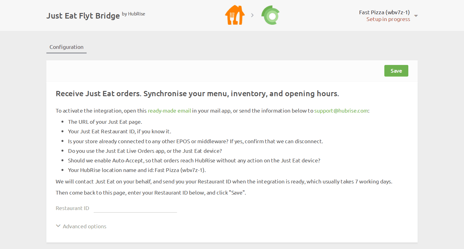 Just Eat Flyt Bridge connection page