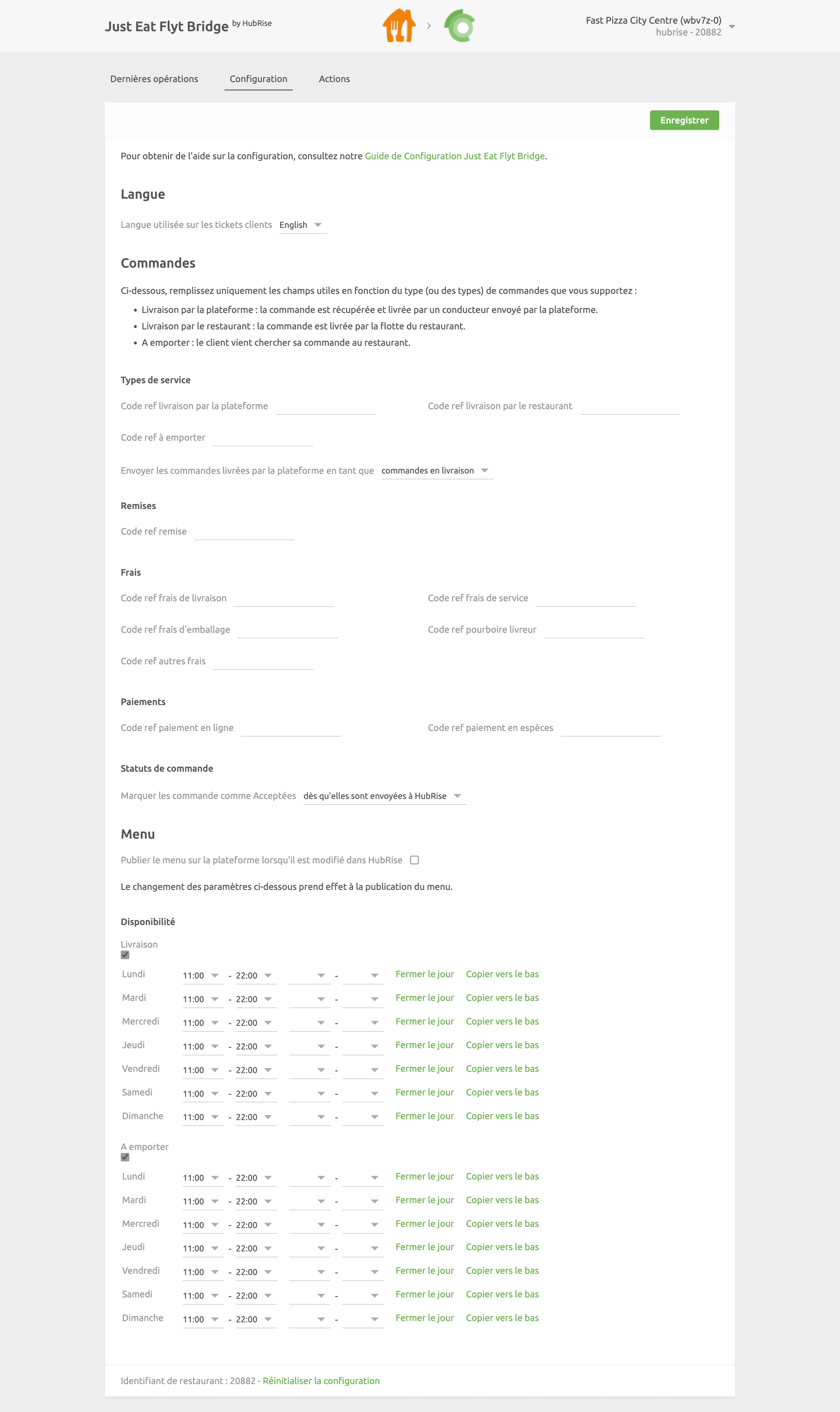 Page de configuration de Just Eat Flyt Bridge