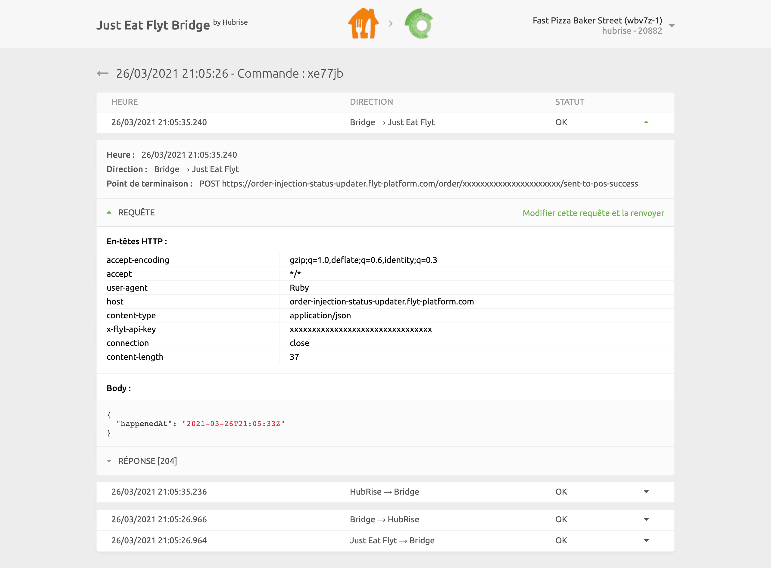 Page des logs de commande sur Just Eat Flyt Bridge