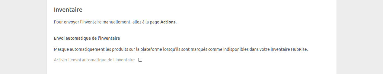 Page de configuration Just Eat Flyt Bridge, section Inventaire