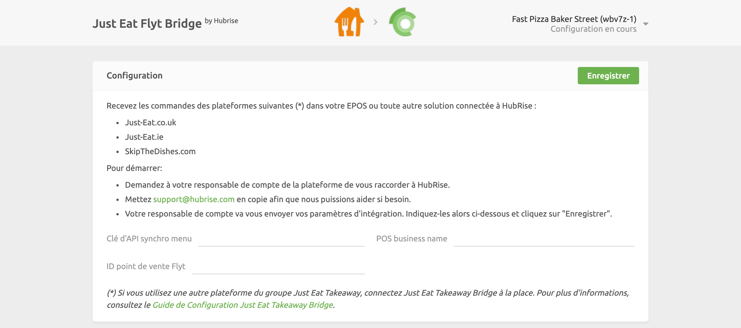 Page d'informations d'identification pour Just Eat Flyt Bridge