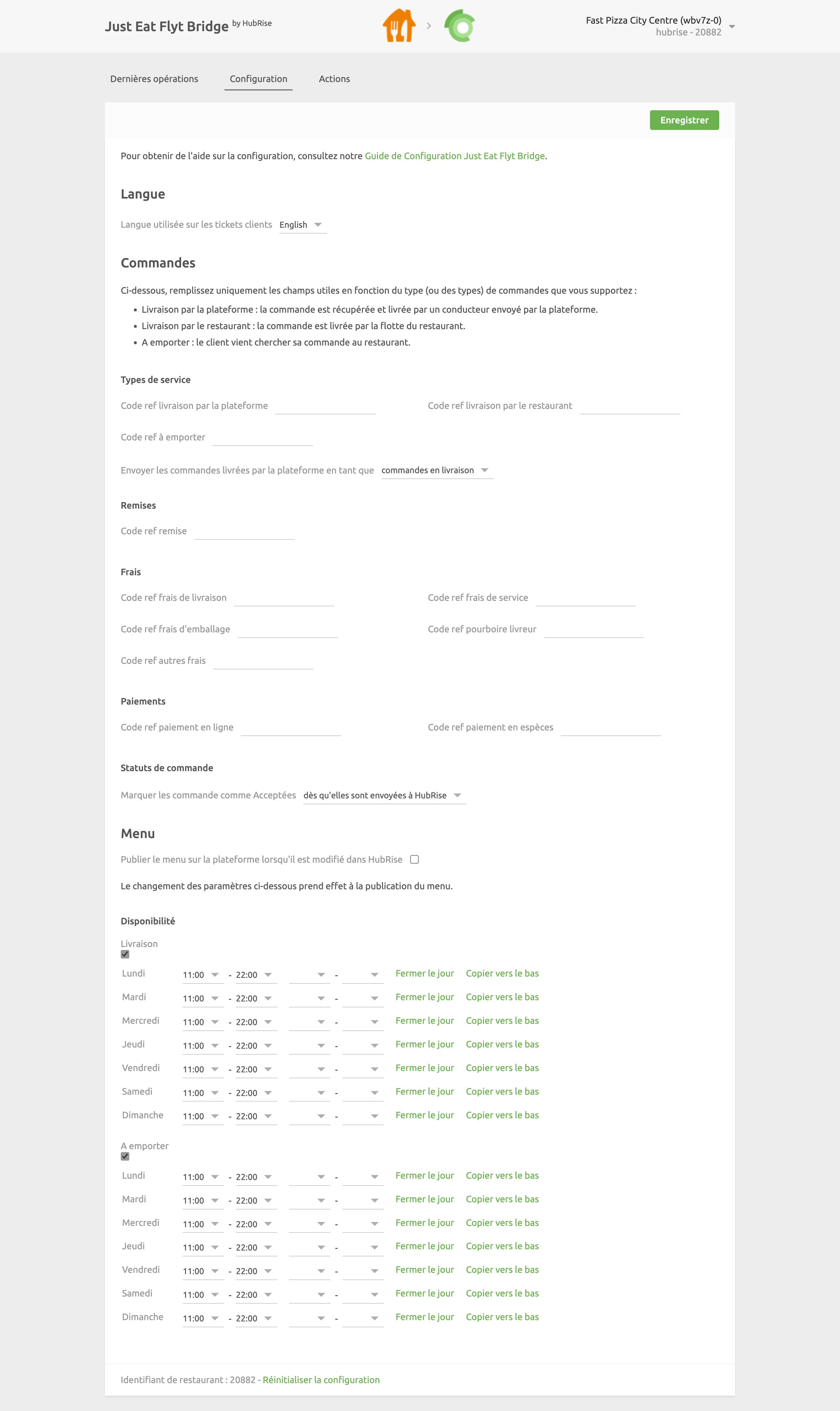 Page de configuration de Just Eat Flyt Bridge