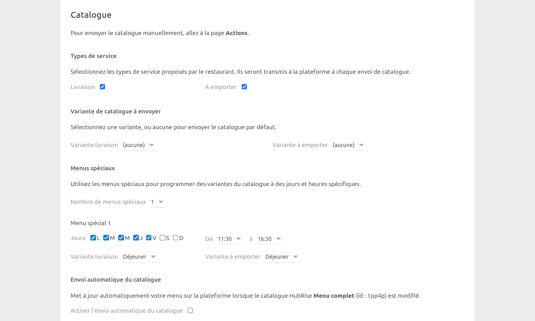 Page de configuration Just Eat Flyt Bridge, section Catalogue
