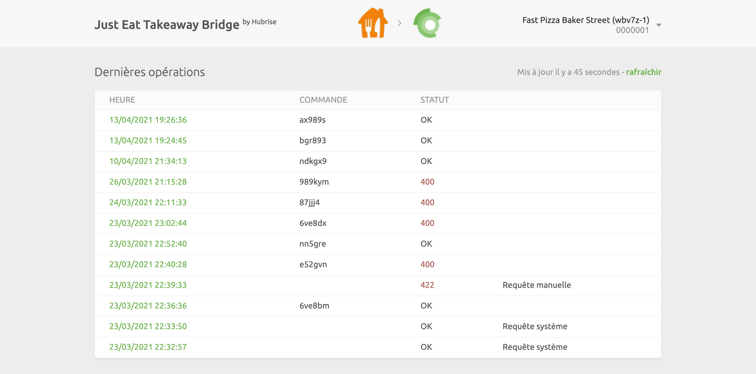 Page des opérations de Just Eat Takeaway Bridge développée par HubRise