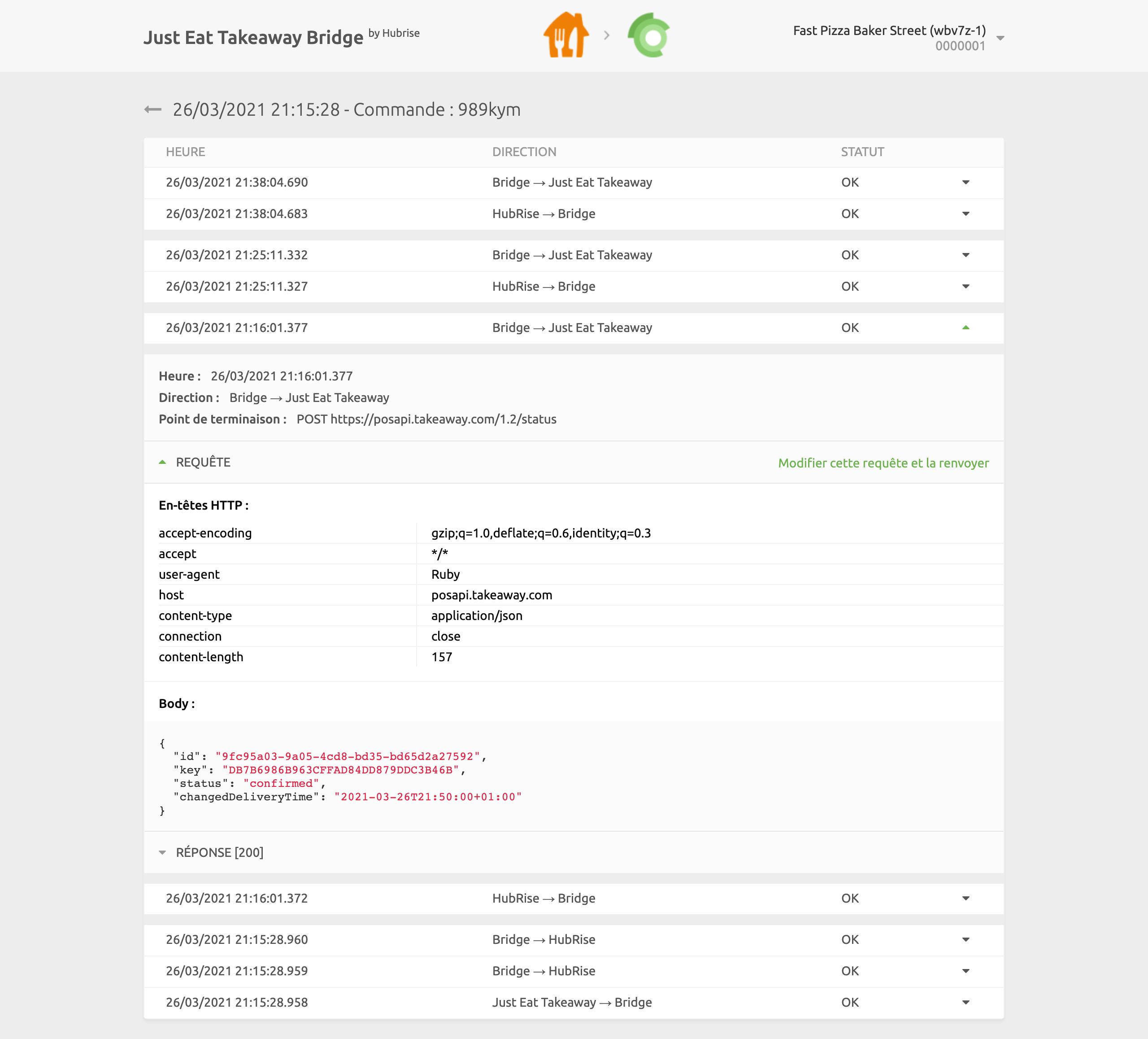 Page des logs de commande sur Just Eat Takeaway Bridge