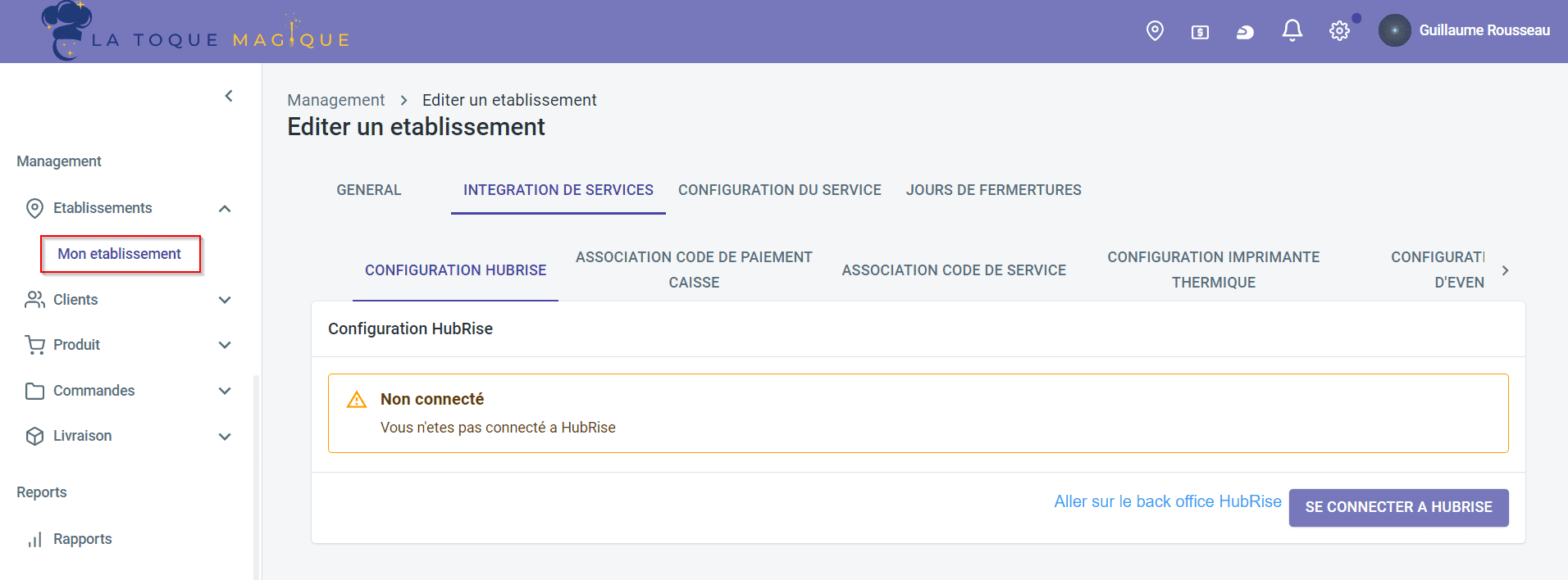 Connexion à HubRise - HubRise déconnecté