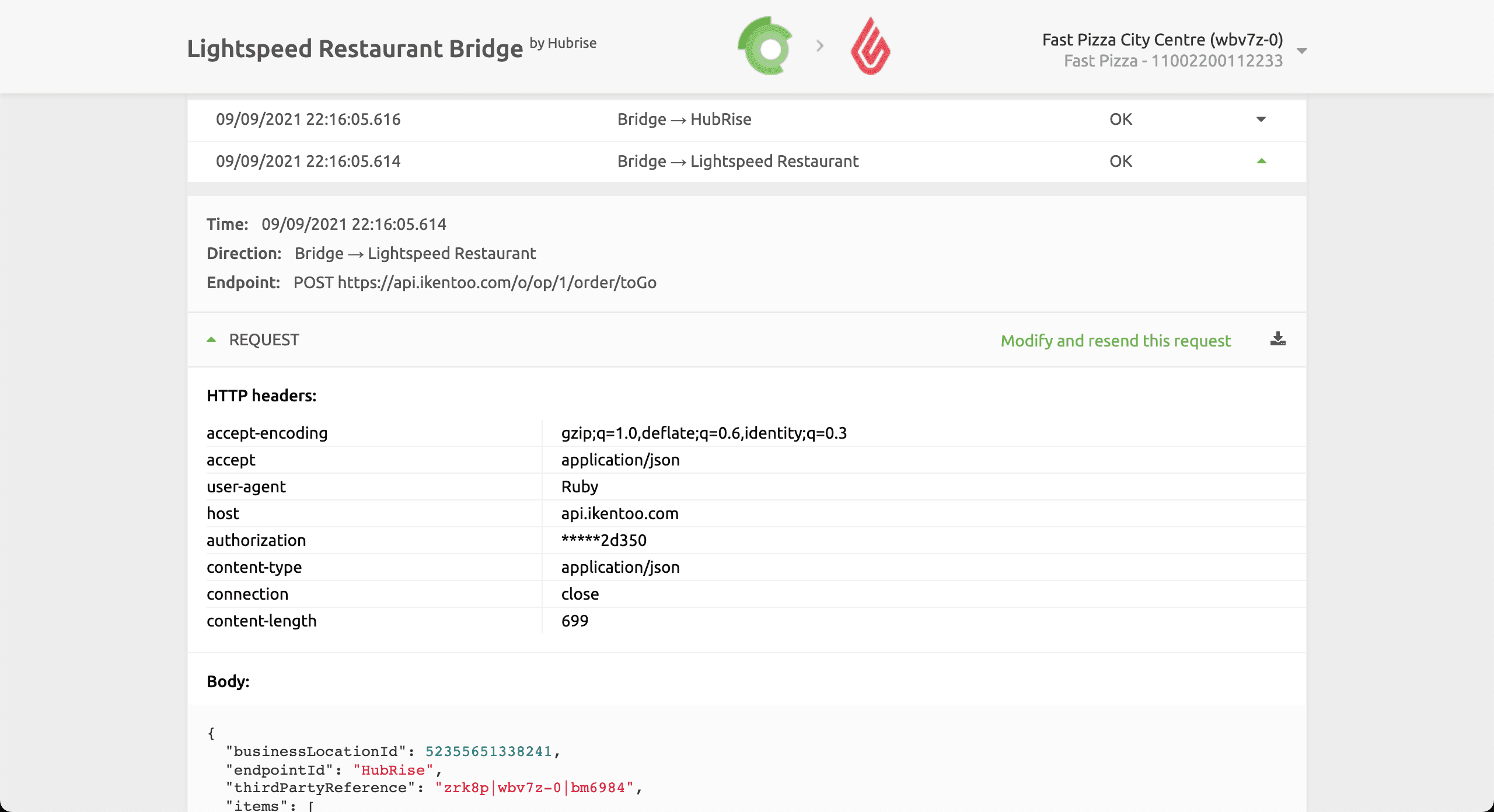 Resend order request to Lightspeed Restaurant