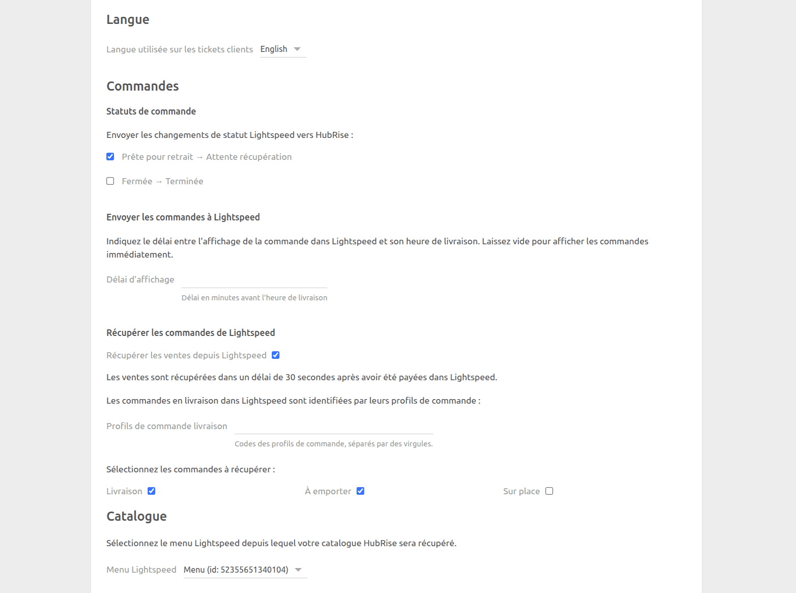 Page de configuration de Lightspeed Restaurant Bridge
