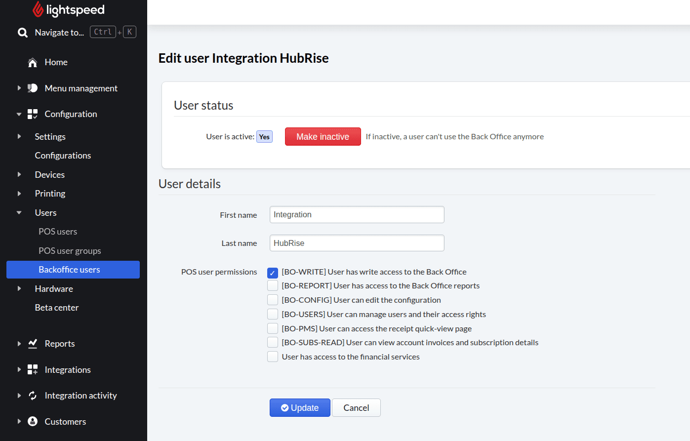 Tick the BO-WRITE permission for the integration user