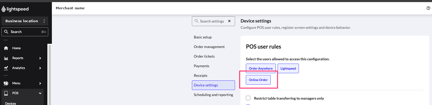 Online Order user in the POS user rules