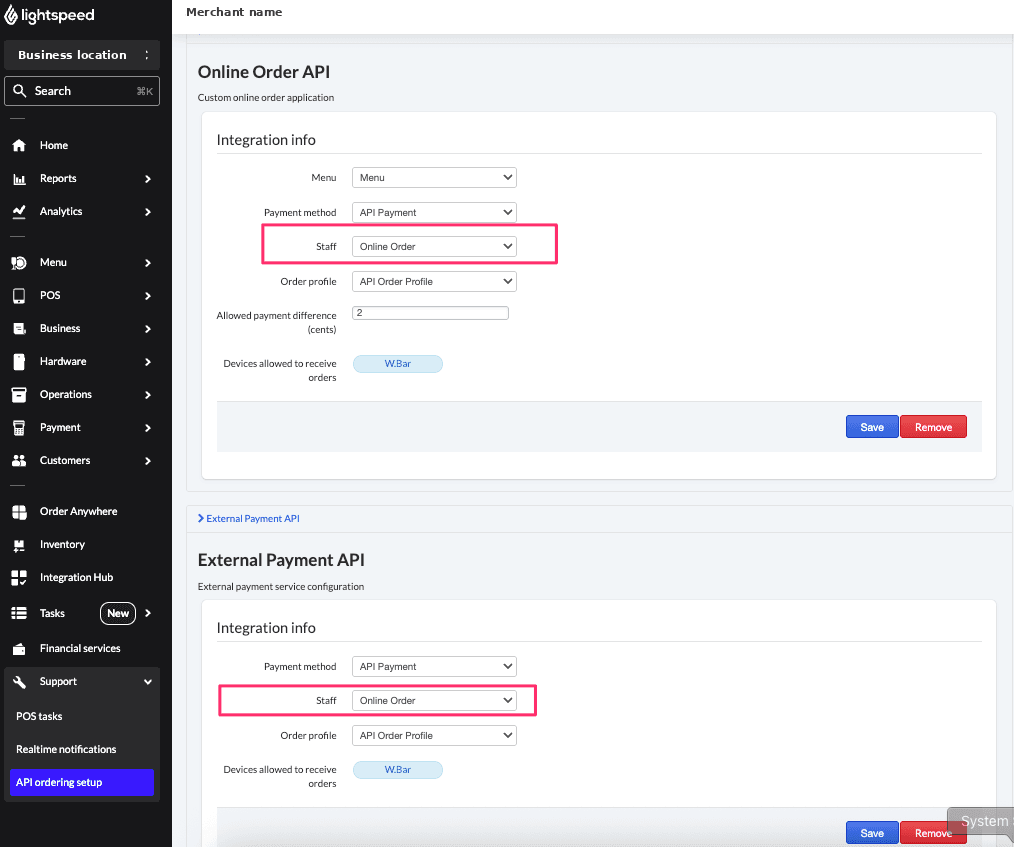 Staff field in the Online Order API settings