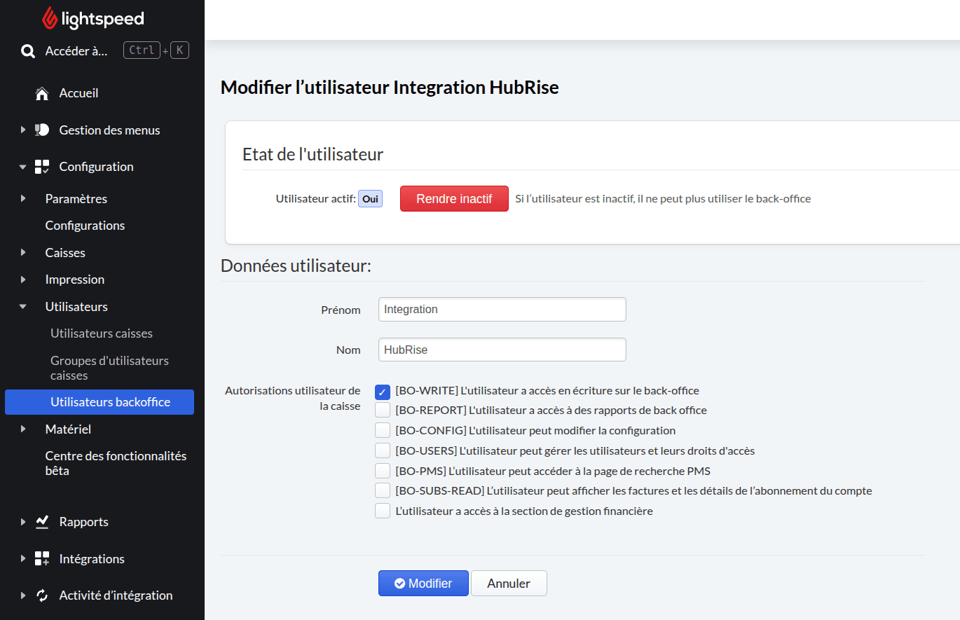 Cochez l'autorisation BO-WRITE pour l'utilisateur d'intégration