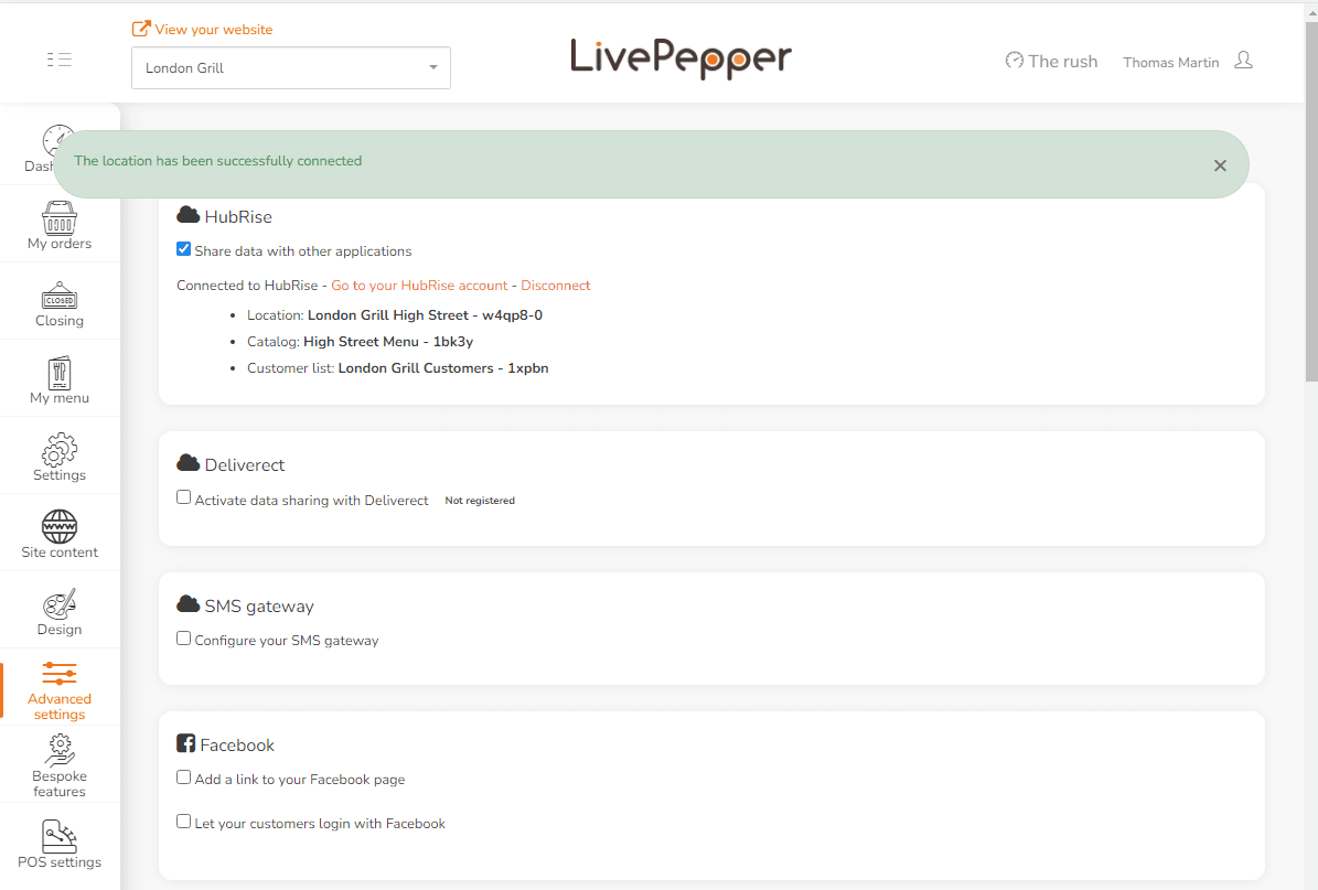 Connection to HubRise - Connected