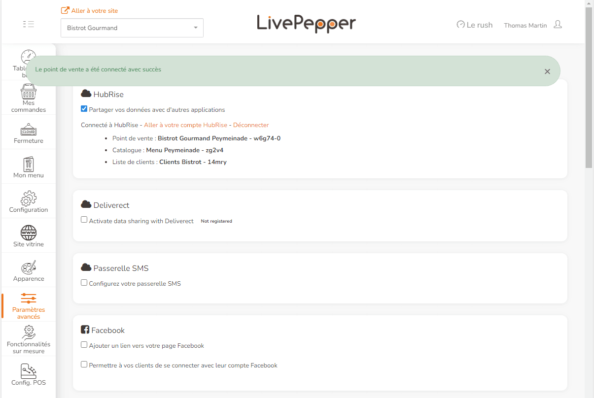 Connexion à HubRise - Connecté