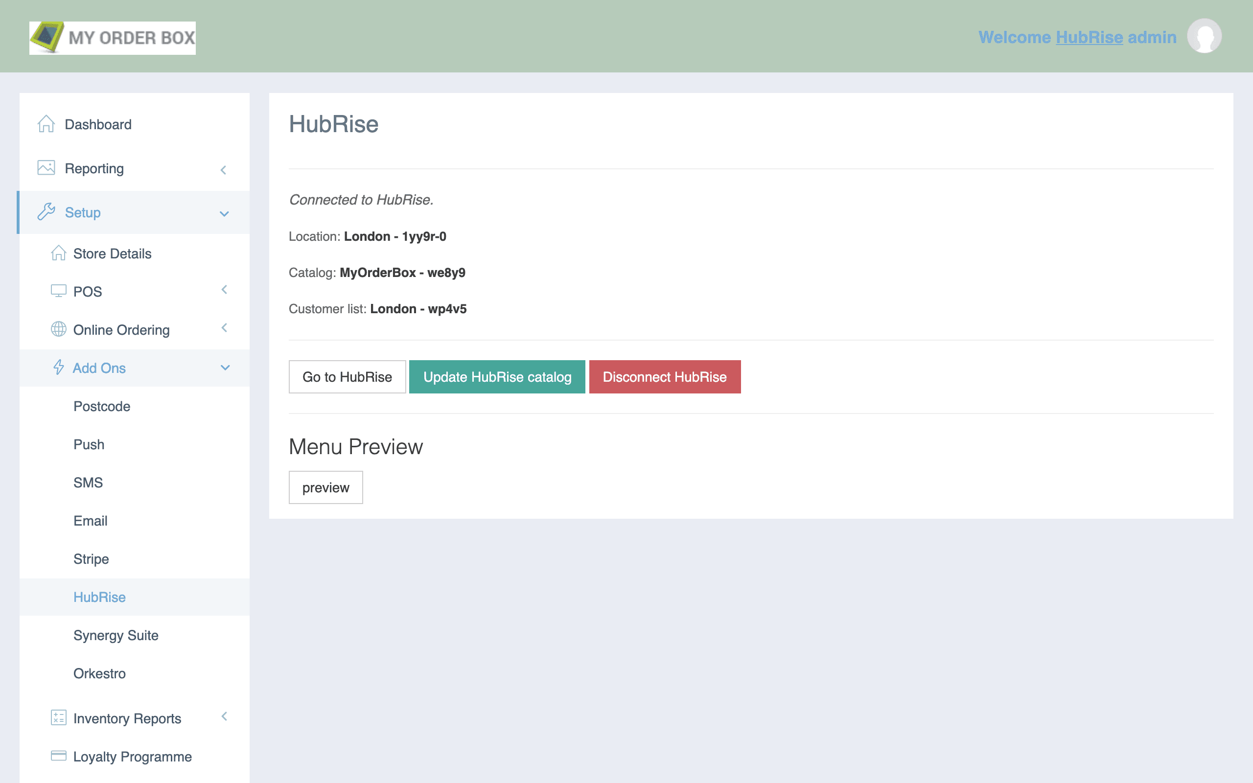 The HubRise connection page in your MyOrderBox back office