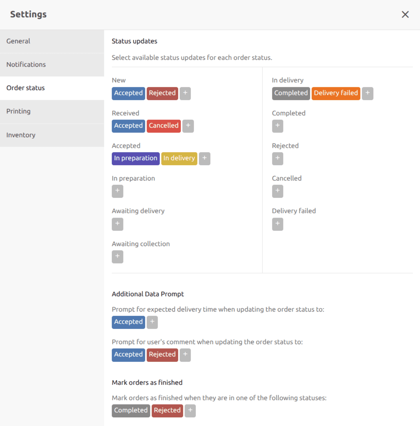 Settings status