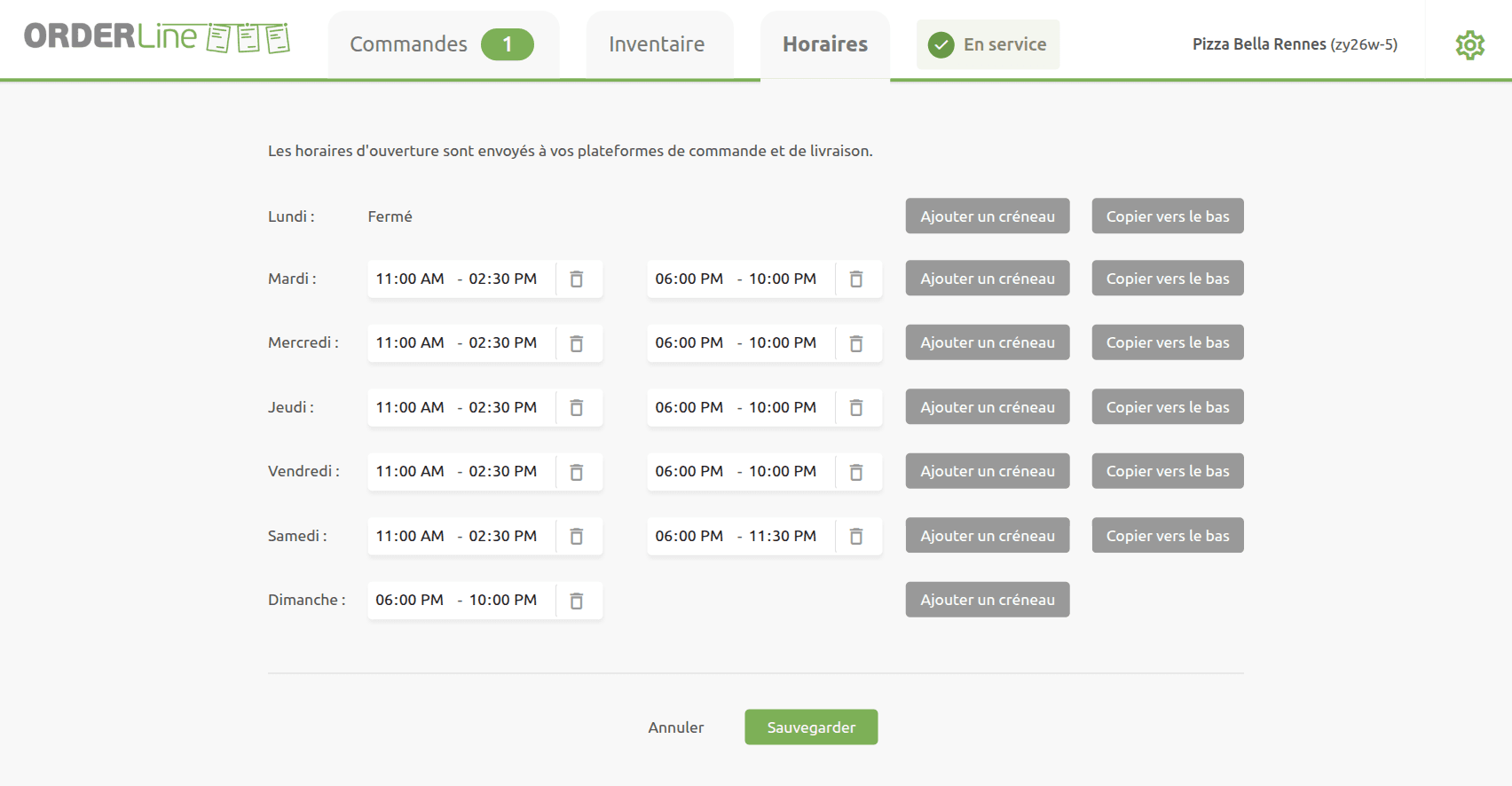 Onglet Horaires de OrderLine