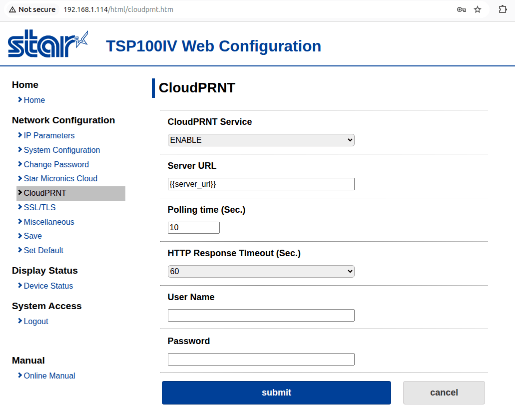 Page de configuration CloudPRNT dans l'interface web
