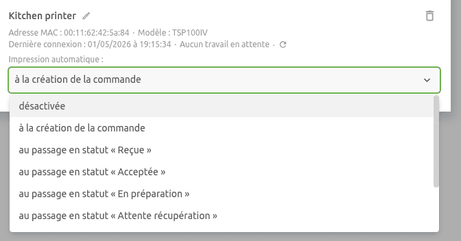Déclencheurs d'impression automatique disponibles