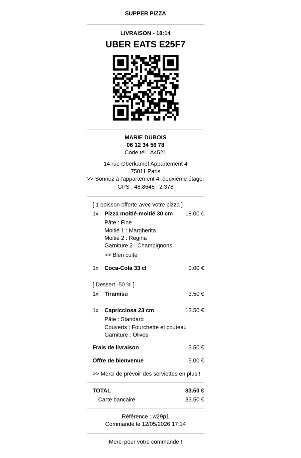 Exemple de reçu de commande OrderLine