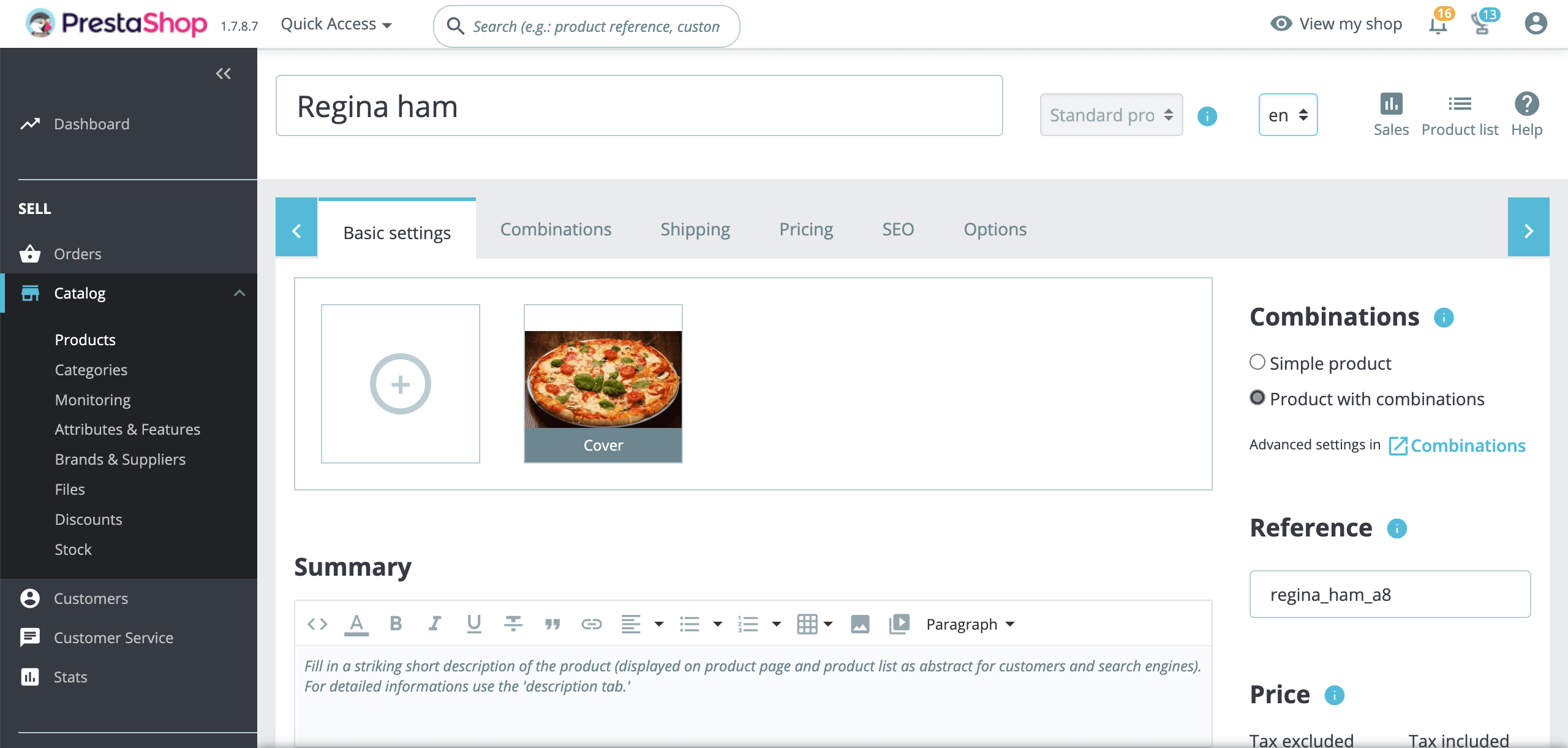 Entering ref codes for a PrestaShop product