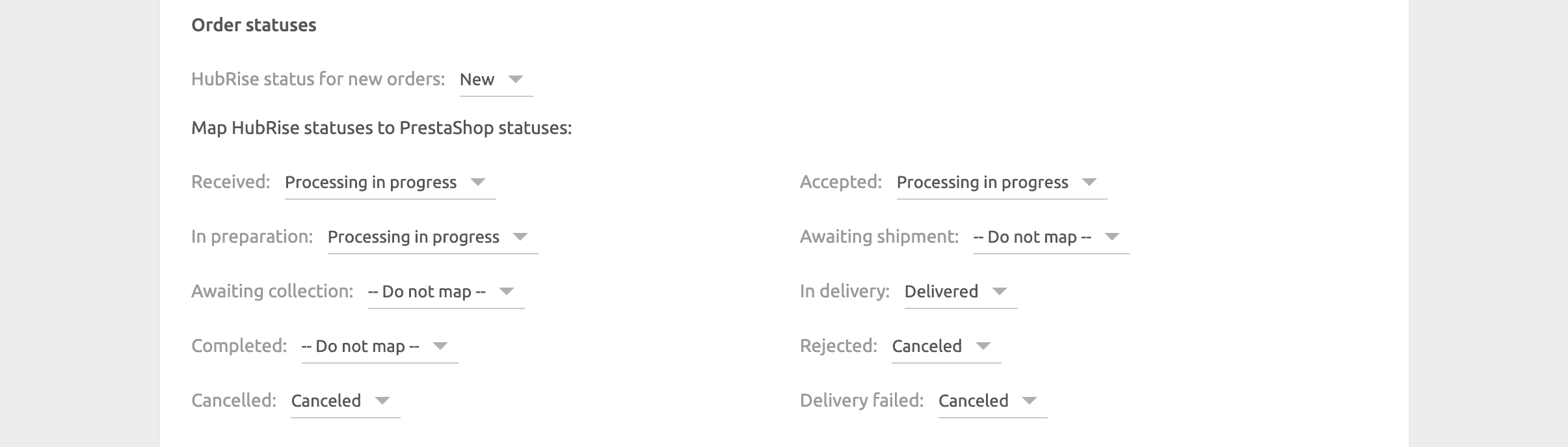 PrestaShop Bridge configuration page, order statuses