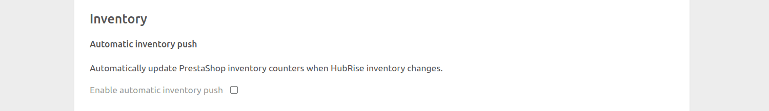 PrestaShop Bridge configuration page, inventory
