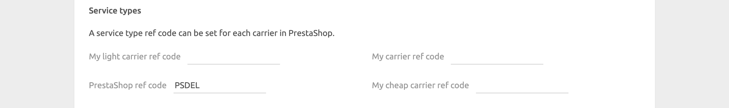PrestaShop Bridge configuration page, service types