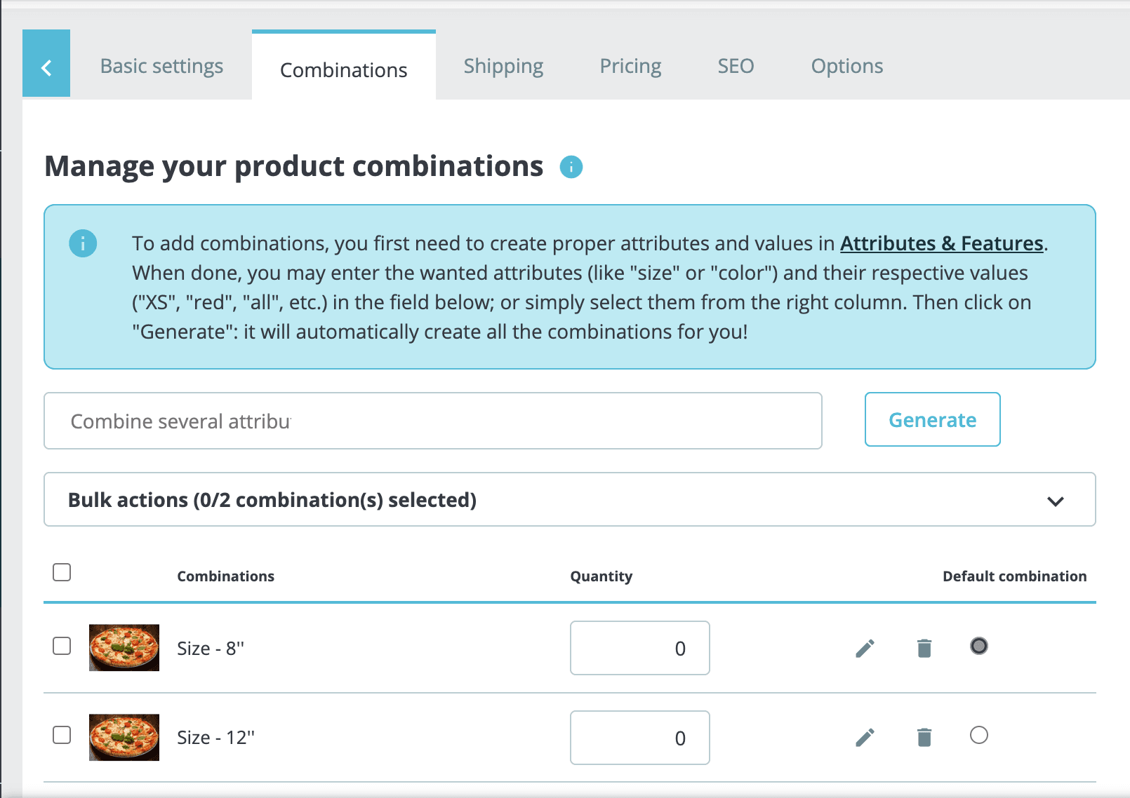 Combinations page for a product in PrestaShop