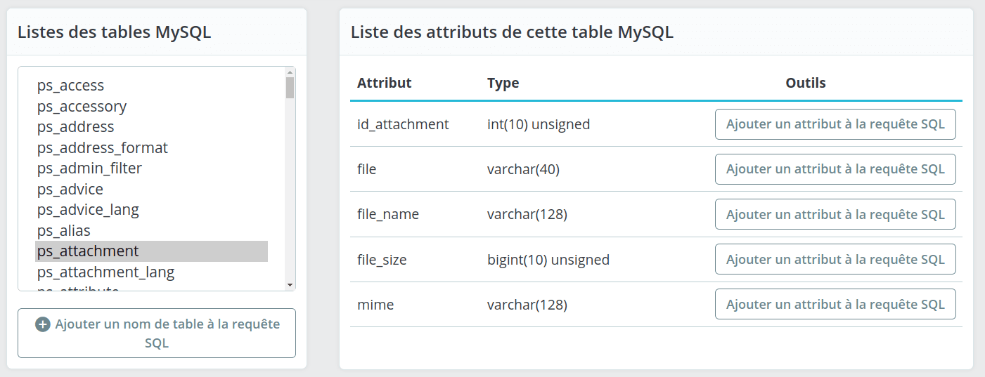 Outil d'exploration de base de données PrestaShop, Afficher le schéma