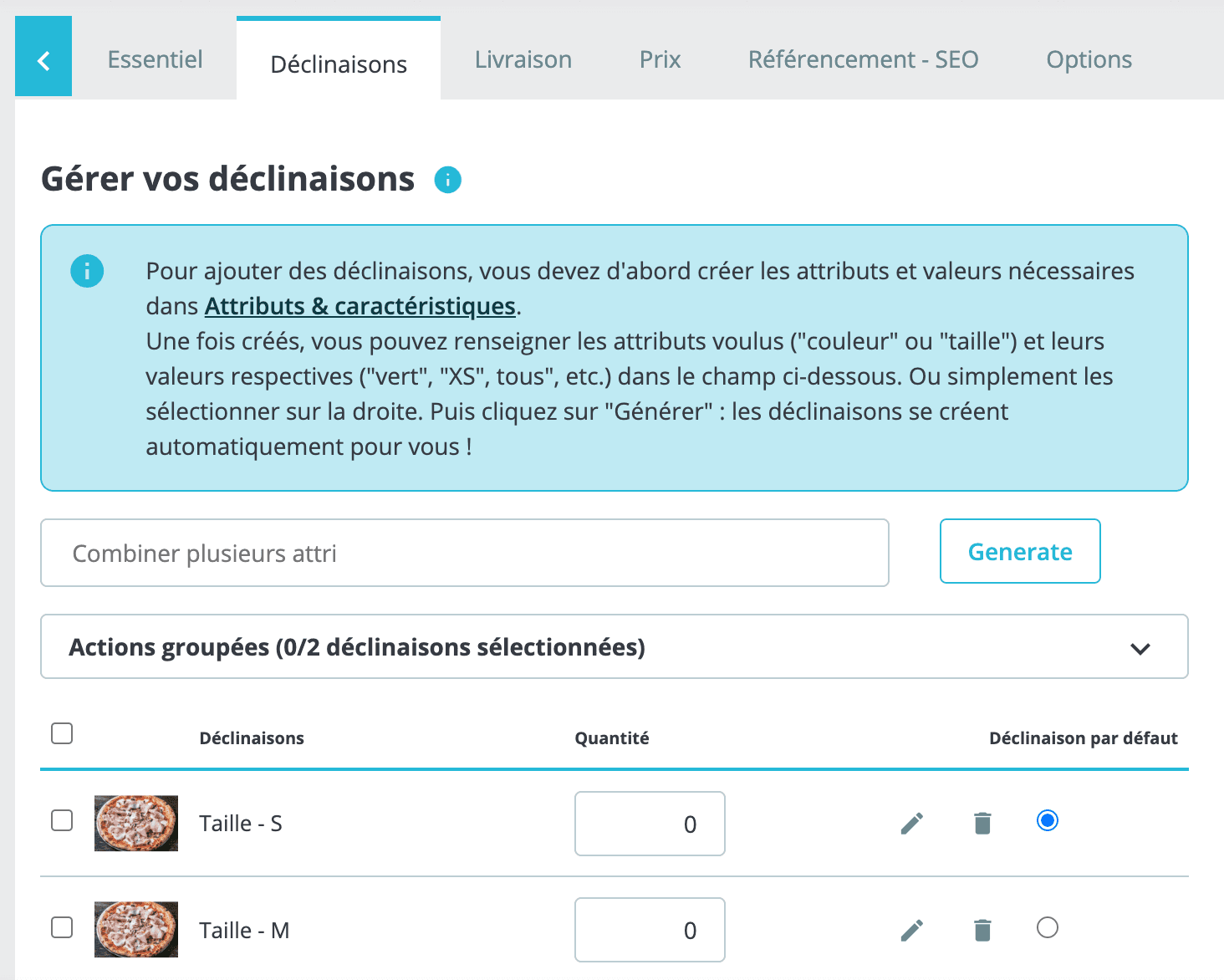 Page des déclinaisons d'un produit dans PrestaShop