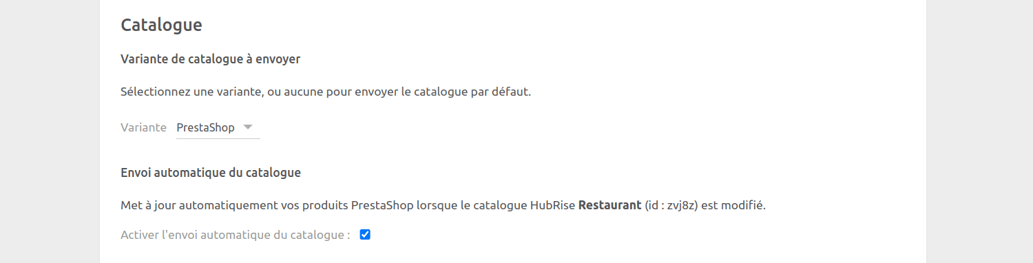 Page de configuration PrestaShop Bridge, Catalogue