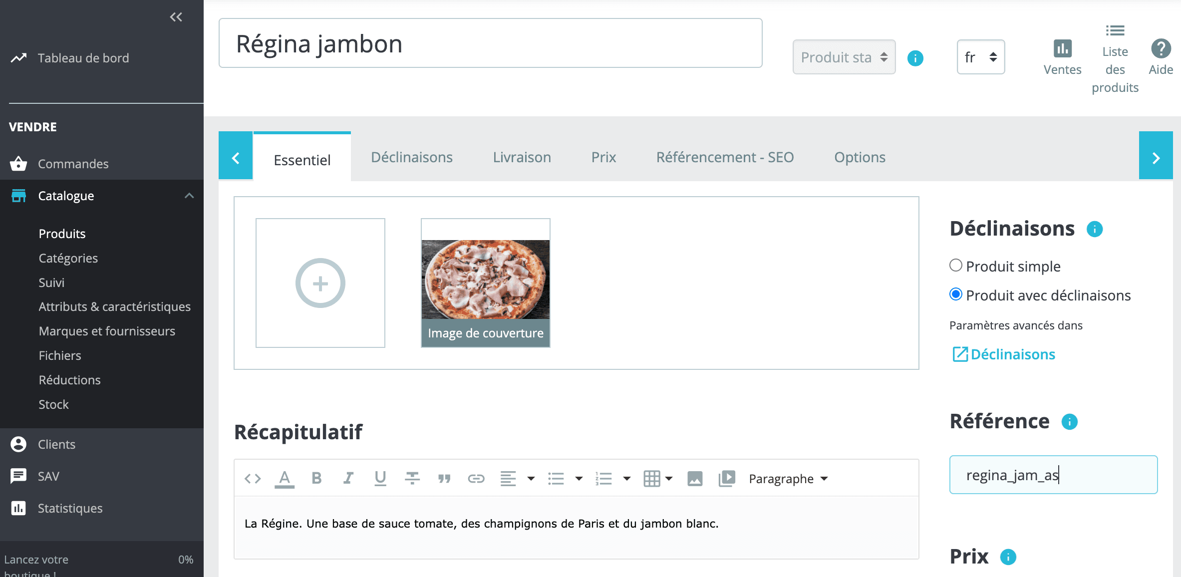 Saisie des codes ref pour un produit PrestaShop