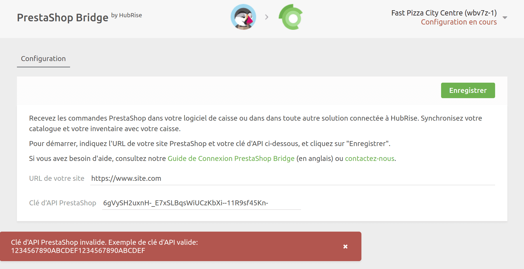 Clé d'API invalide sur PrestaShop Bridge