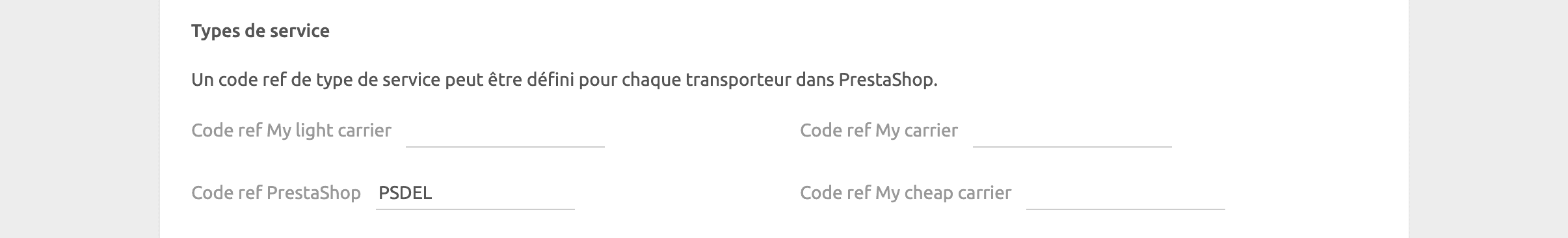 Page de configuration PrestaShop Bridge, Types de service