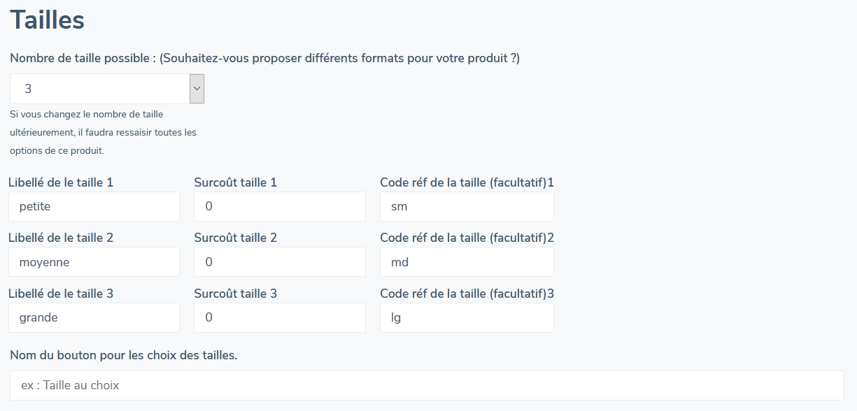 Associer les codes ref - Codes ref tailles