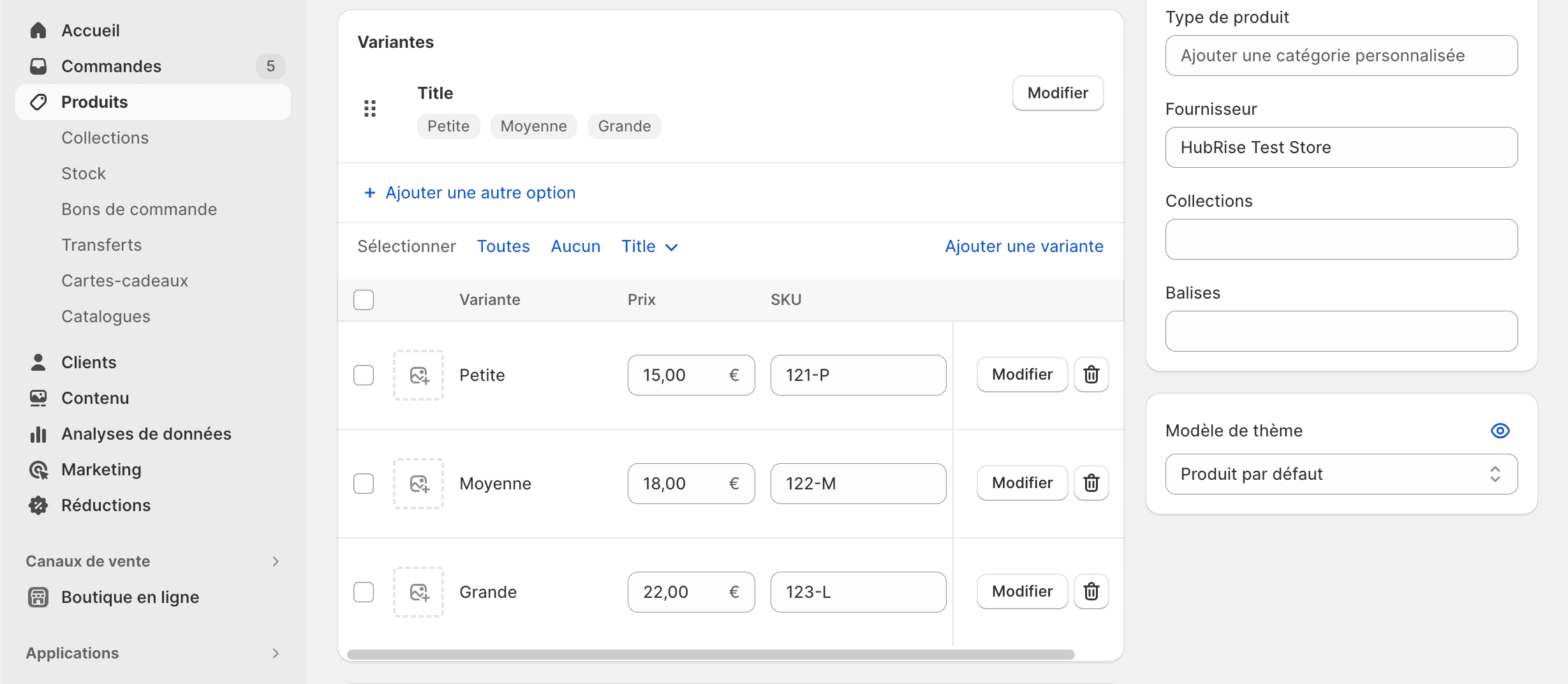Saisie de codes ref pour un produit Shopify avec options