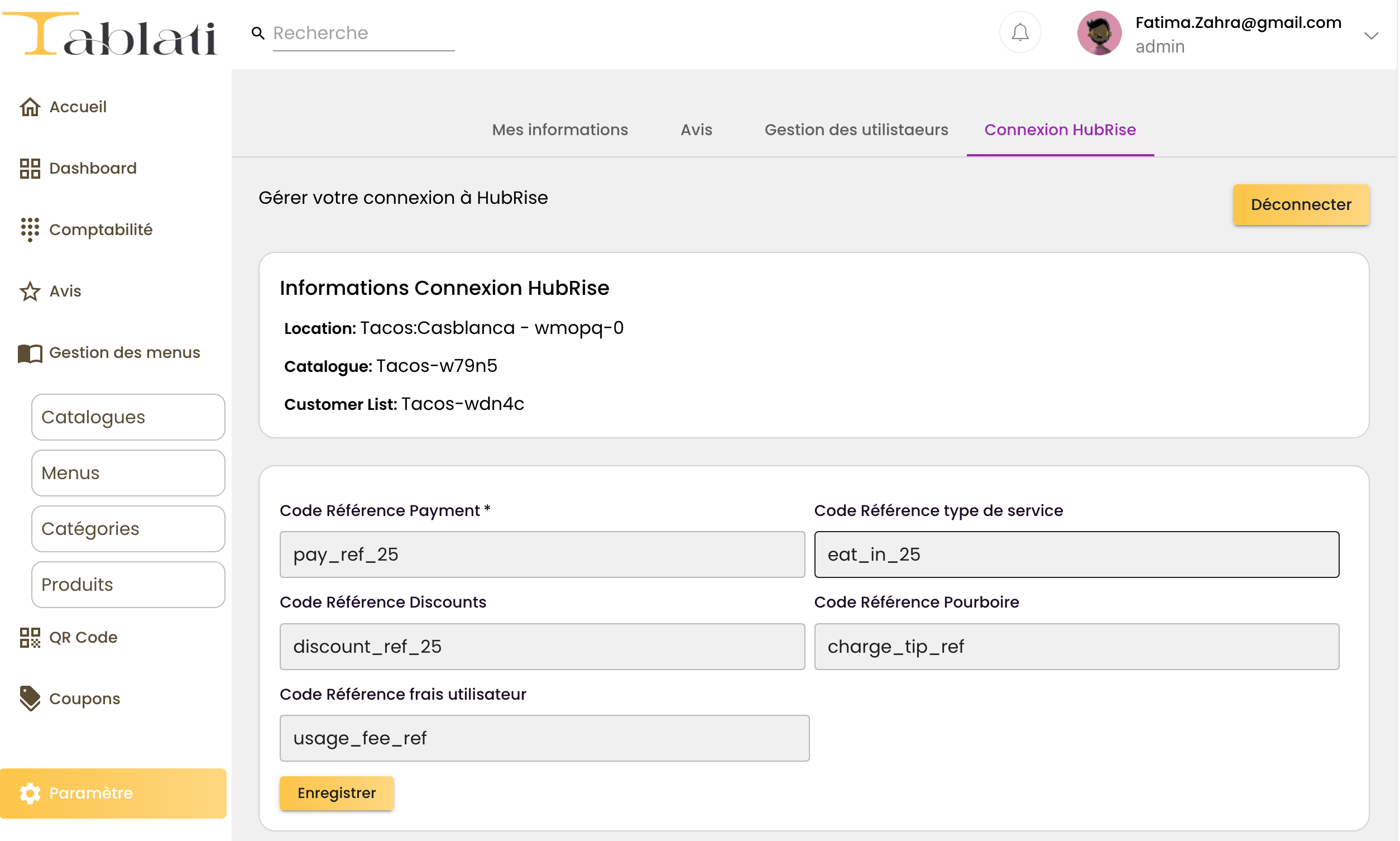 Connecter et Déconnecter Tablati de HubRise