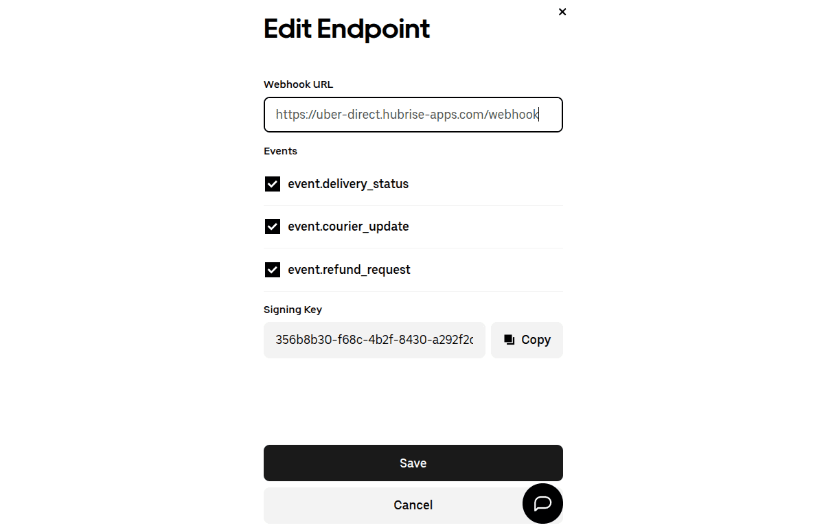 Uber Direct webhook signing key