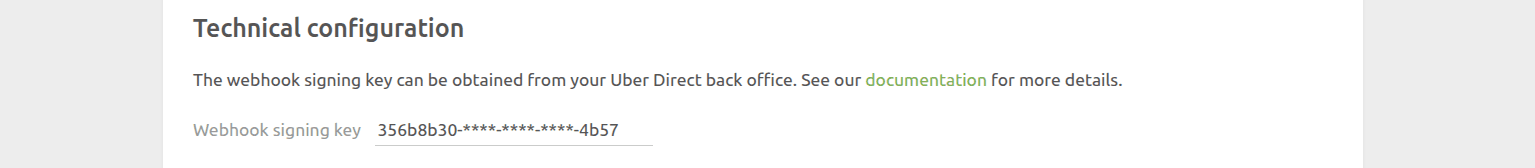 Uber Direct Bridge configuration page, Technical Configuration section