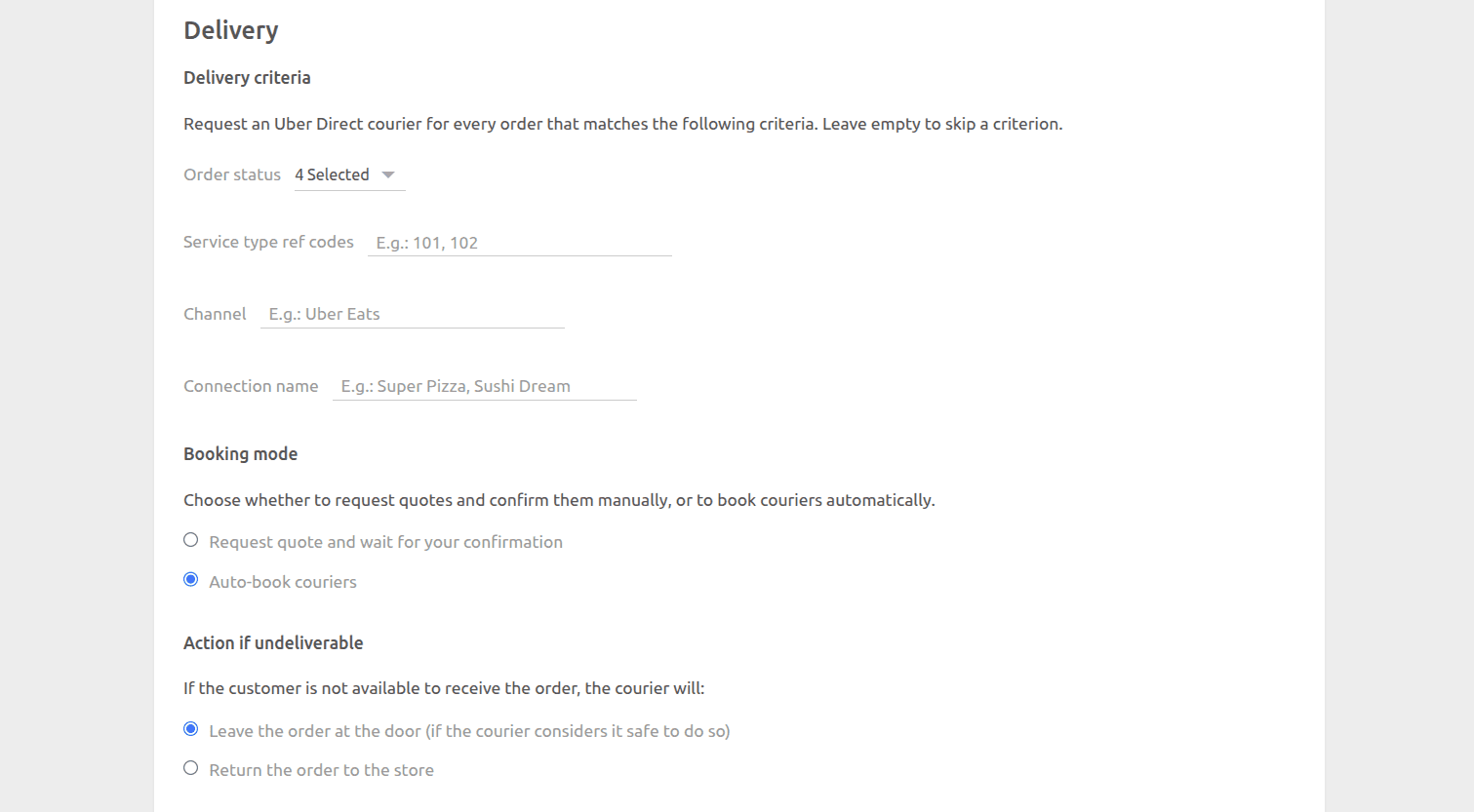 Uber Direct Bridge configuration page, Delivery section
