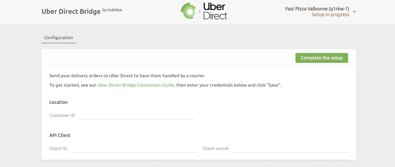Connection page to Uber Direct Bridge