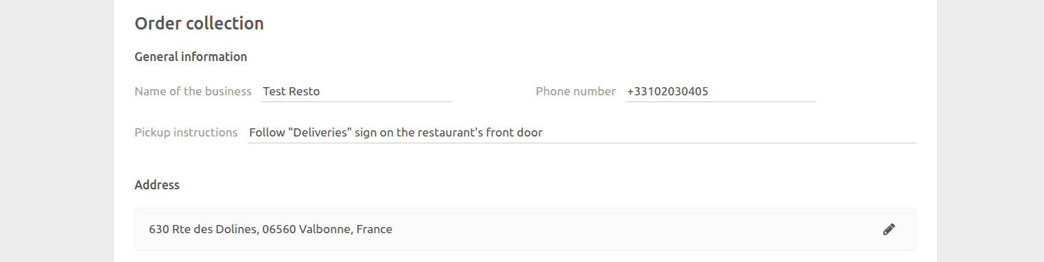 Uber Direct Bridge configuration page, Order Collection section