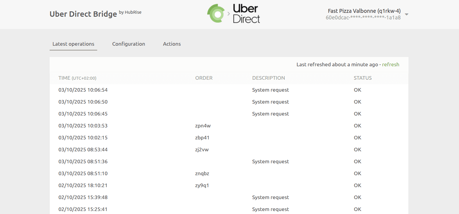 Operations page of Uber Direct Bridge developed by HubRise