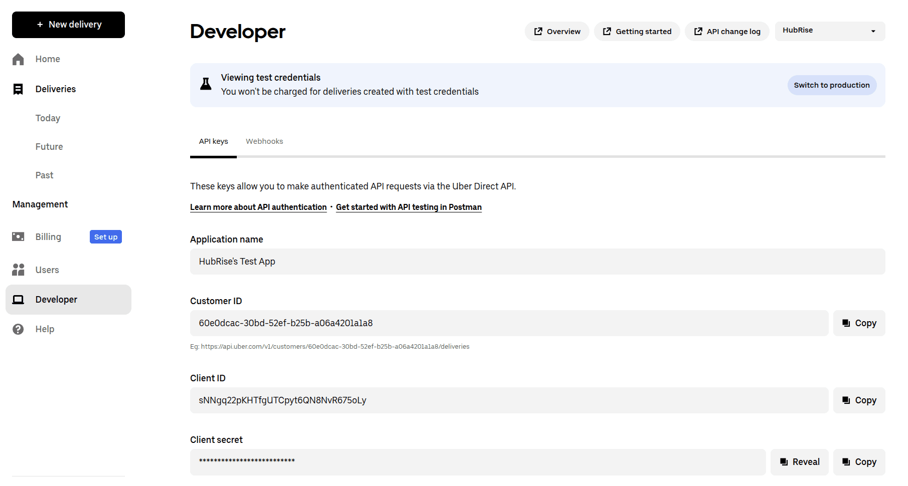 Uber Direct Developer tab showing credentials