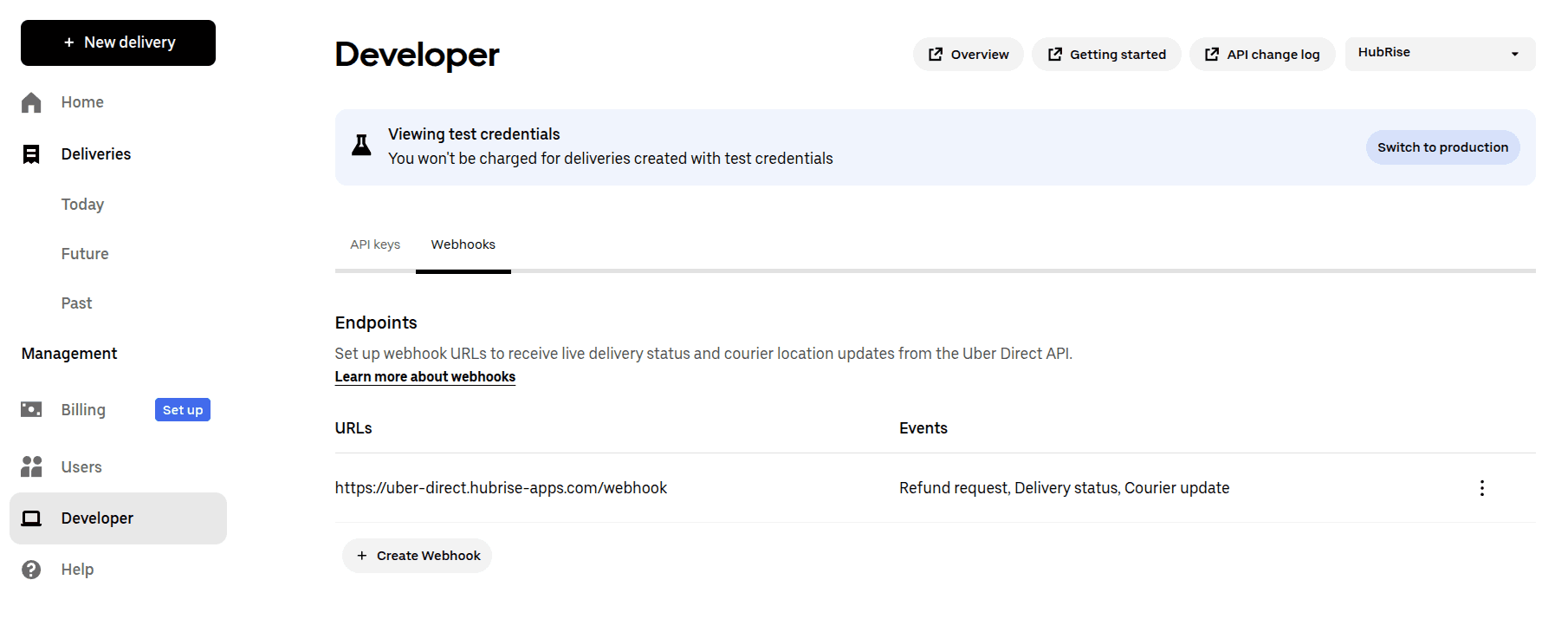 Uber Direct webhook configuration