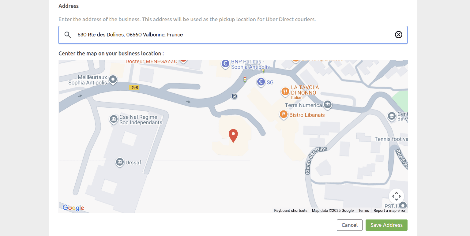 Uber Direct Bridge configuration page, Edit Address section